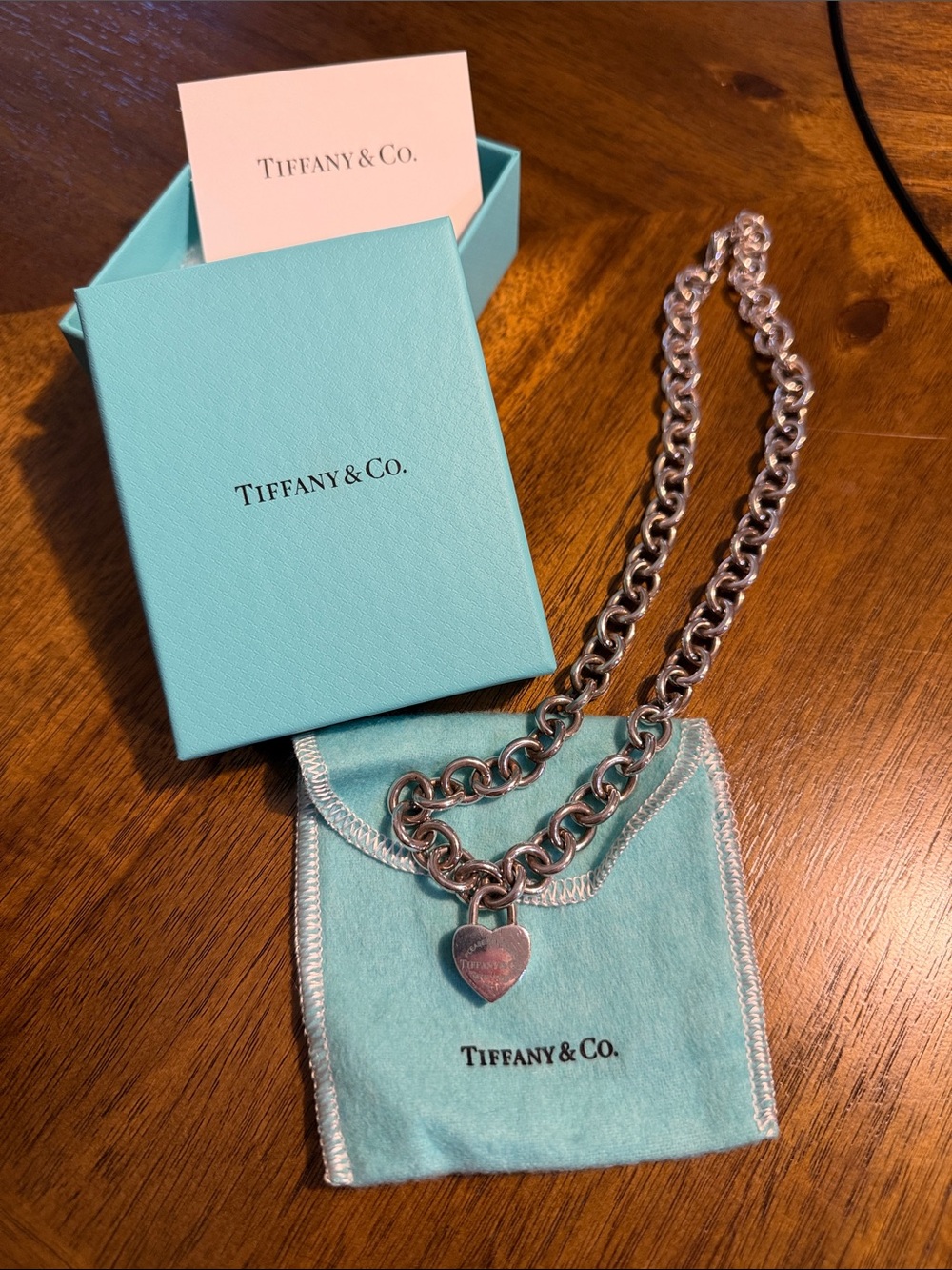 Tiffany & Co. Silver Heart Tag Link Necklace with Signature Blue Pouch